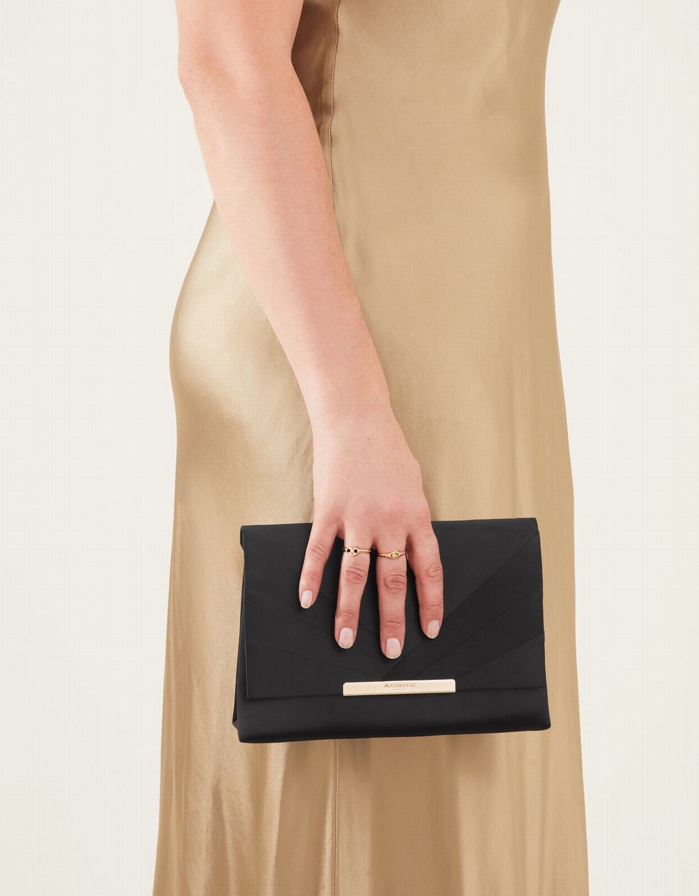 Satin Fold Over Clutch Bag Black