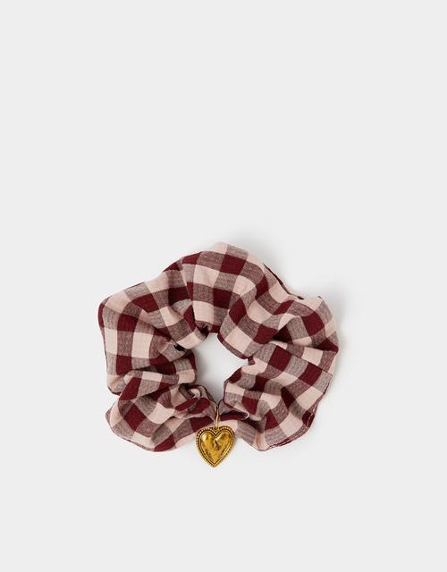 Heart Charm Check Print Hair Scrunchie