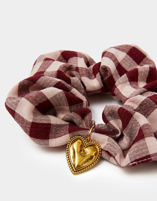 Heart Charm Check Print Hair Scrunchie