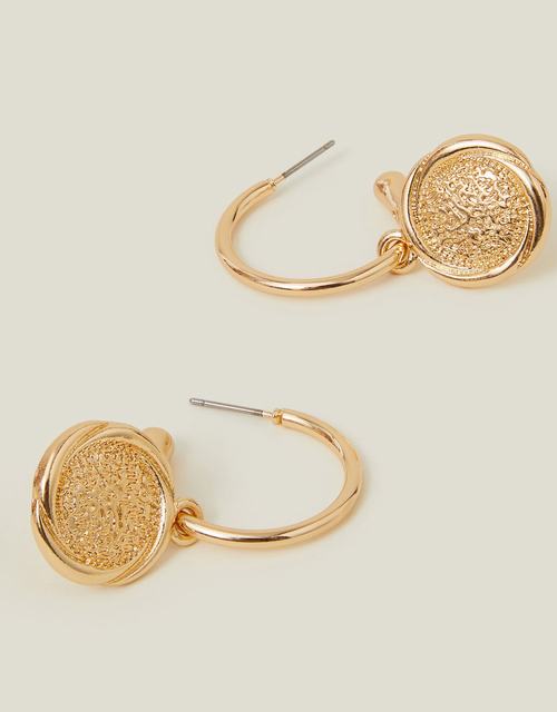 Coin Hoop Drop Earrings Gold