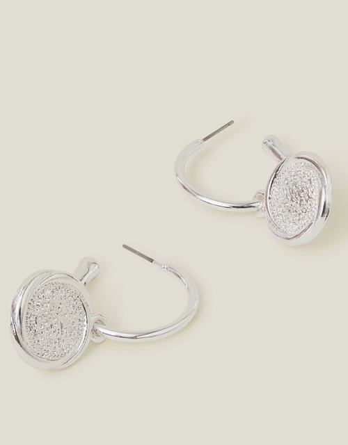Coin Hoop Drop Earrings Silver