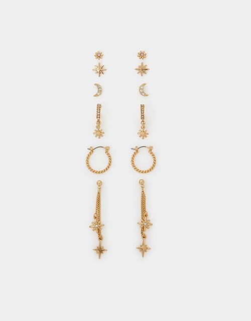 6-Pack Celestial Chain Stud and Hoop Earrings Gold
