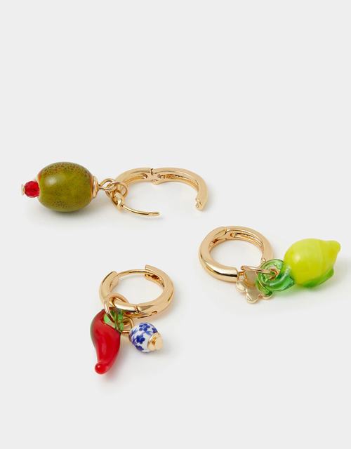 3-Pack Glass Fruit Charm Huggie Hoop Earrings