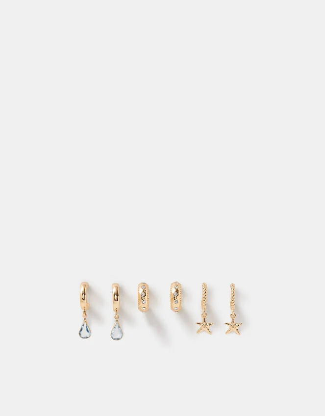 3-Pack Starfish Charm Hoop Drop Earrings