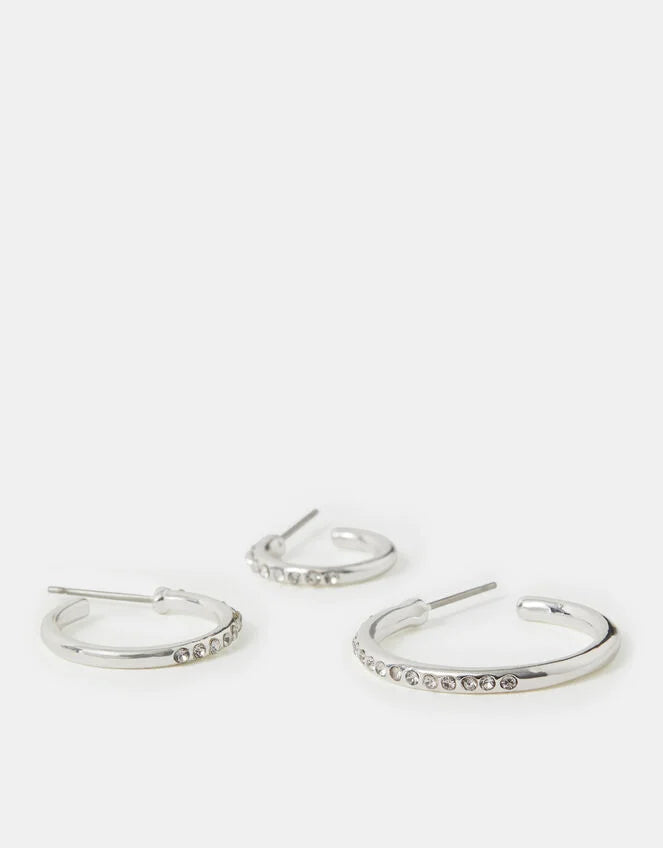 3-Pack Diamanté Hoop Earrings Silver