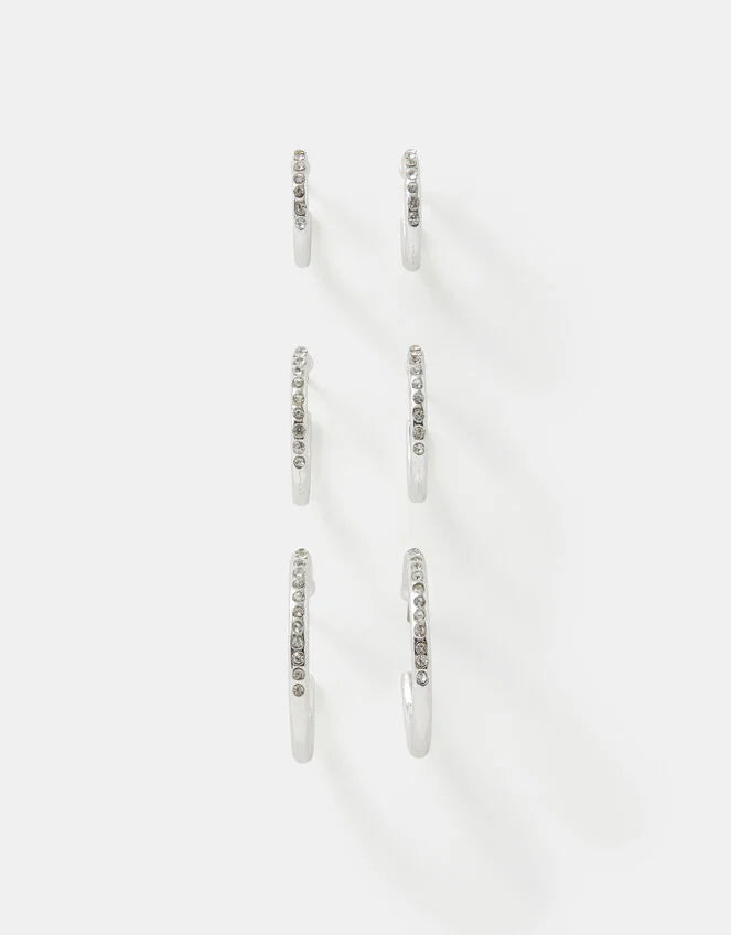 3-Pack Diamanté Hoop Earrings Silver
