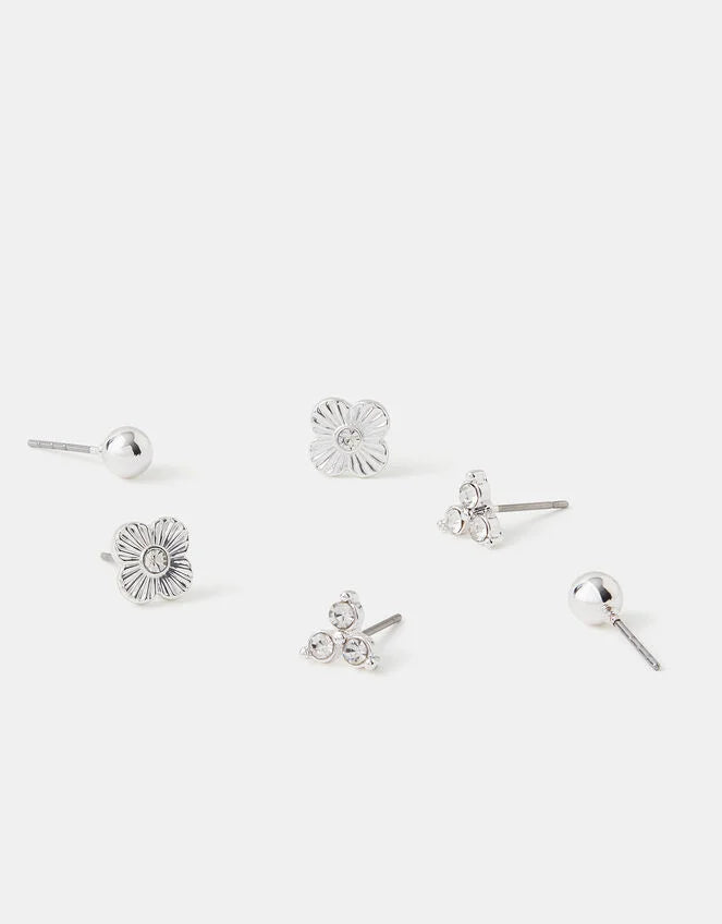 3-Pack Clove Stud Earrings - Silver