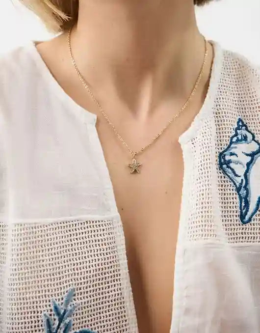 Diamanté Starfish Pendant Necklace Gold