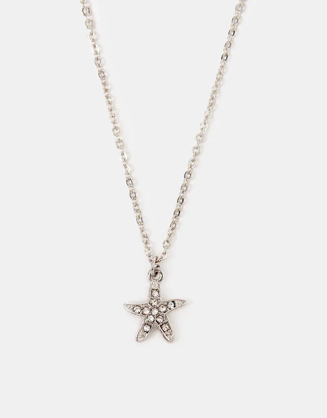 Diamanté Starfish Pendant Necklace Silver