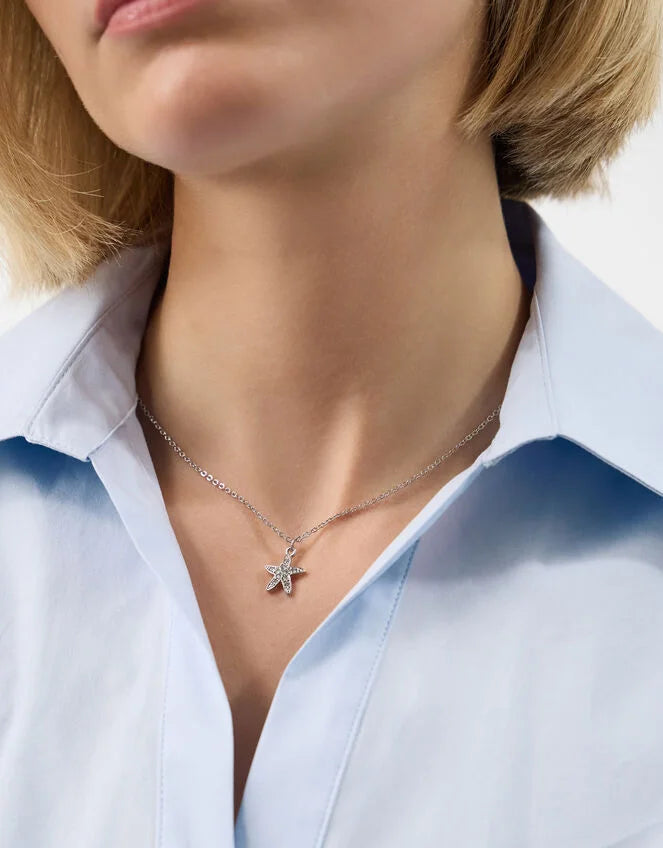 Diamanté Starfish Pendant Necklace Silver