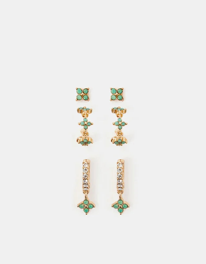 3-Pack Flower Stud & Hoop Earrings - Green
