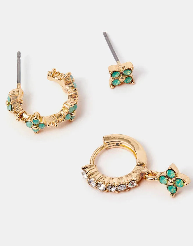 3-Pack Flower Stud & Hoop Earrings - Green