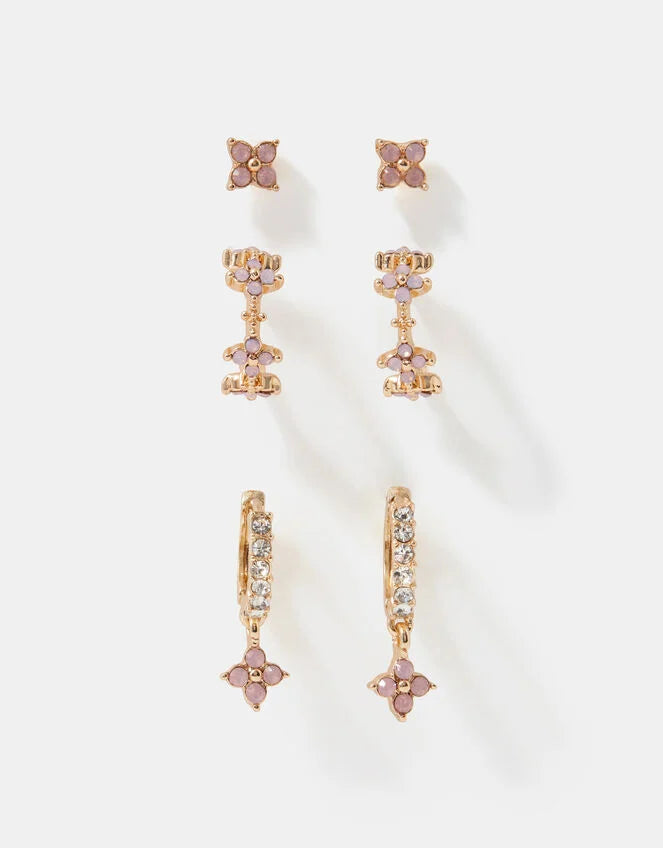 3-Pack Flower Stud & Hoop Earrings - Pink
