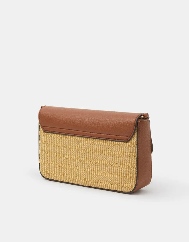 Twistlock Raffia Crossbody Bag Tan