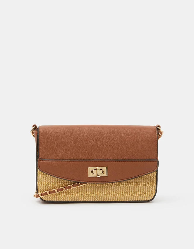 Twistlock Raffia Crossbody Bag Tan