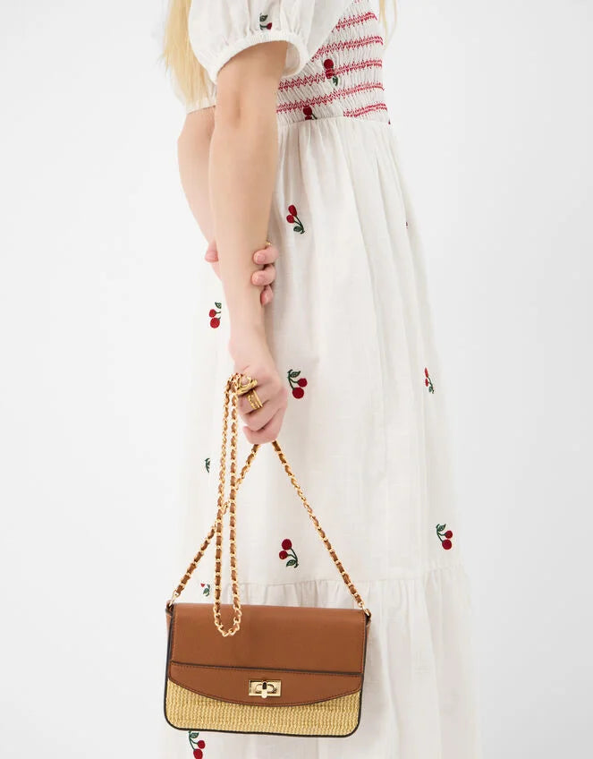 Twistlock Raffia Crossbody Bag Tan