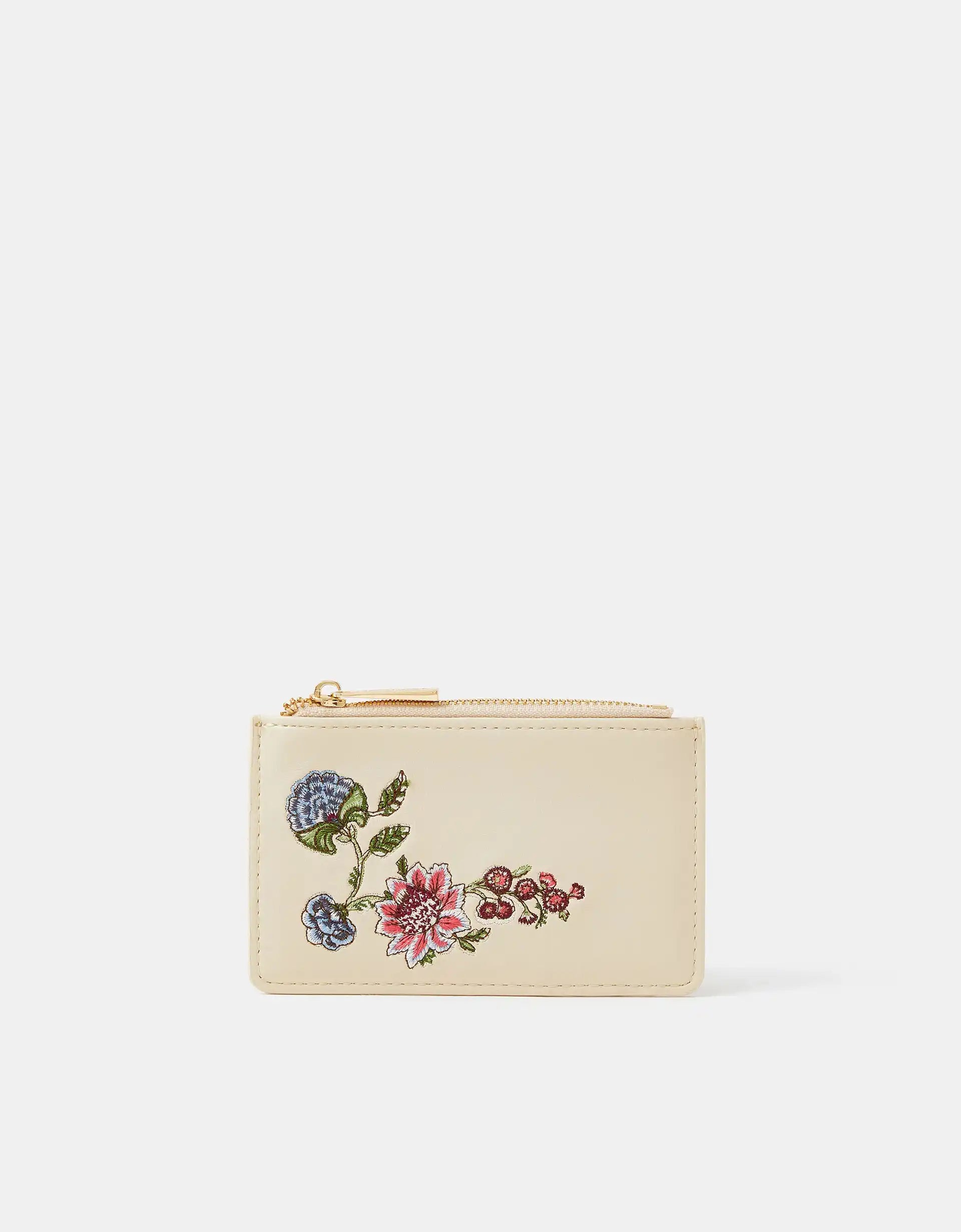 Floral Embroidered Card Holder - Cream