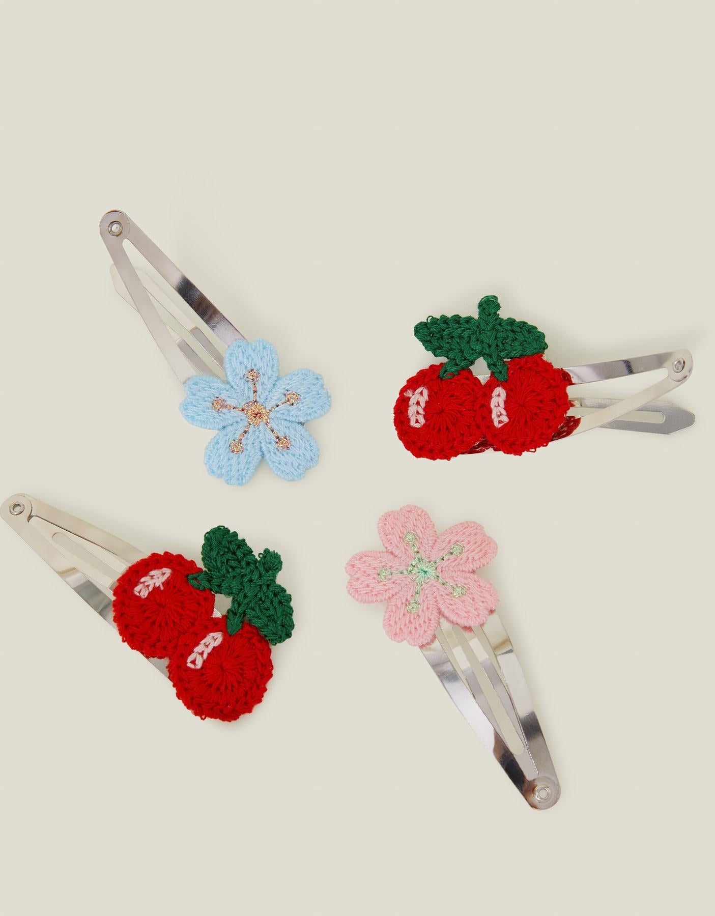 4-Pack Girls Crochet Flower Cherry Hair Clips