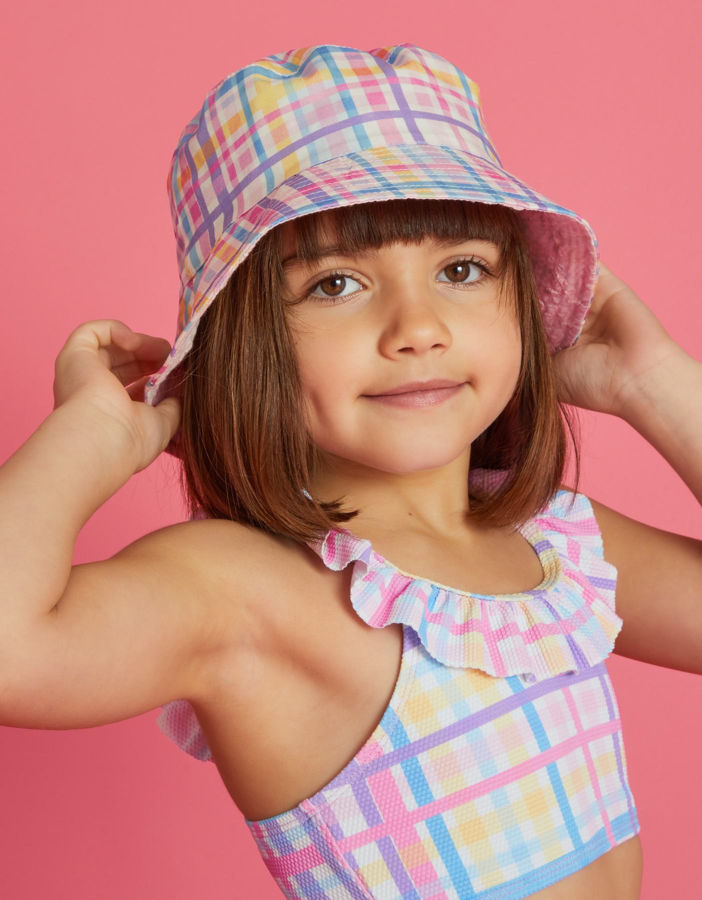 Girls Reversible Check Print Bucket Hat
