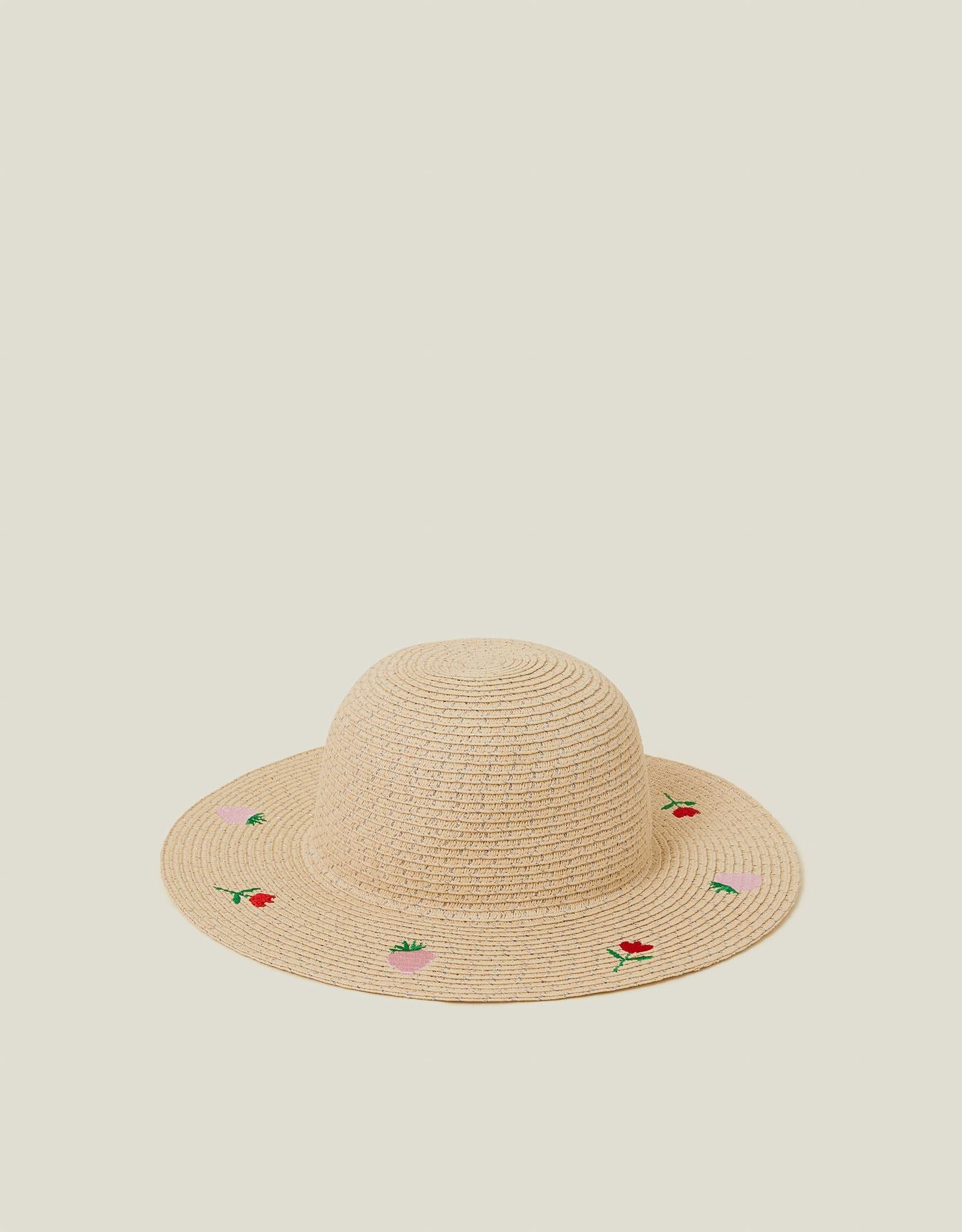 Girls Strawberry Embroidered Straw Hat Natural