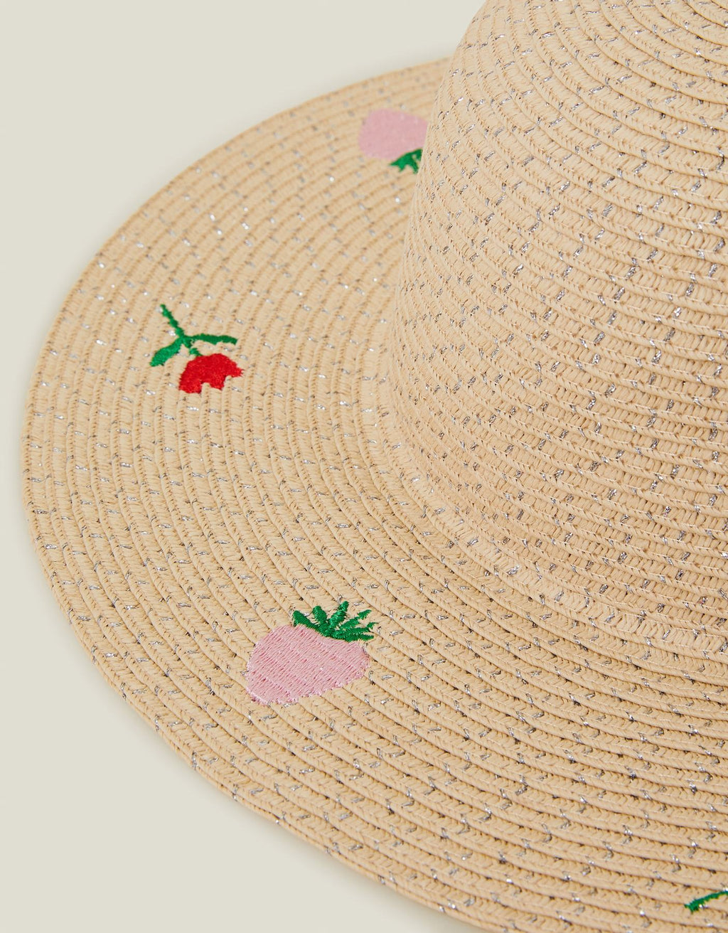 Girls Strawberry Embroidered Straw Hat Natural