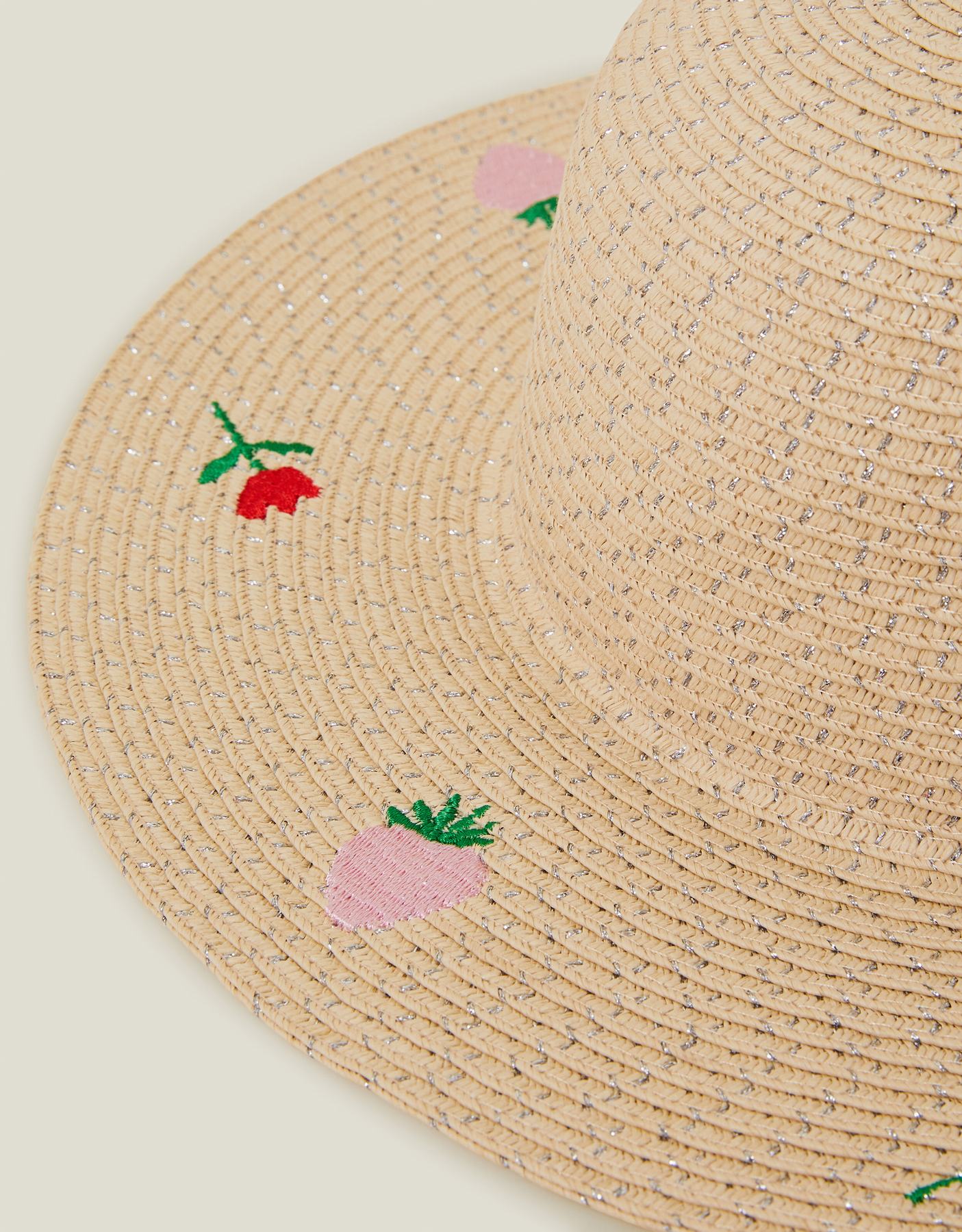 Girls Strawberry Embroidered Straw Hat Natural
