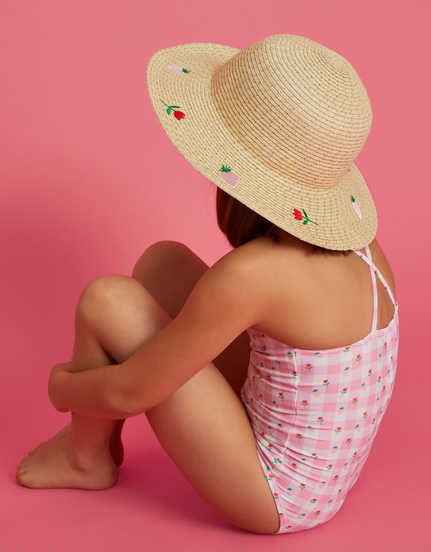 Girls Strawberry Embroidered Straw Hat Natural