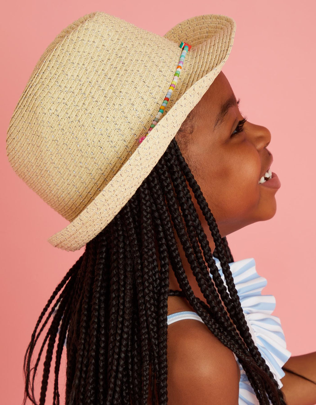 Girls Beaded Band Straw Hat Natural