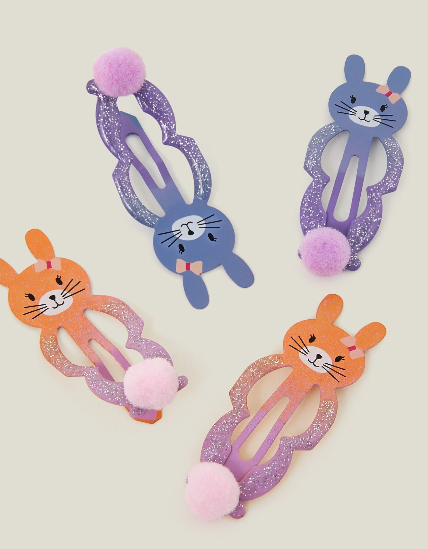 4-Pack Girls Bunny Pom Hair Clips