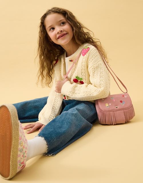 Girls Floral Embroidered Fringe Crossbody Bag