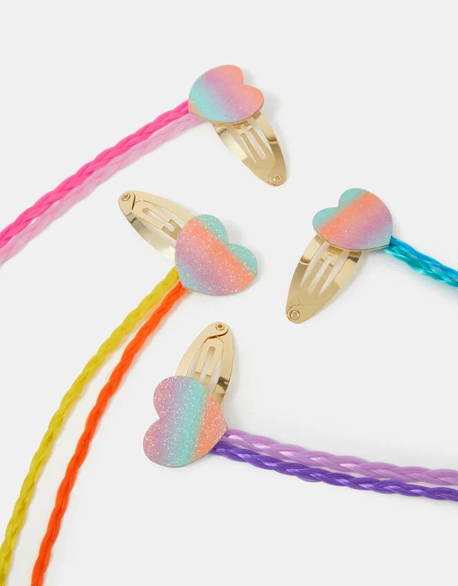 4-Pack Girls Rainbow Heart Fake Hair Clips