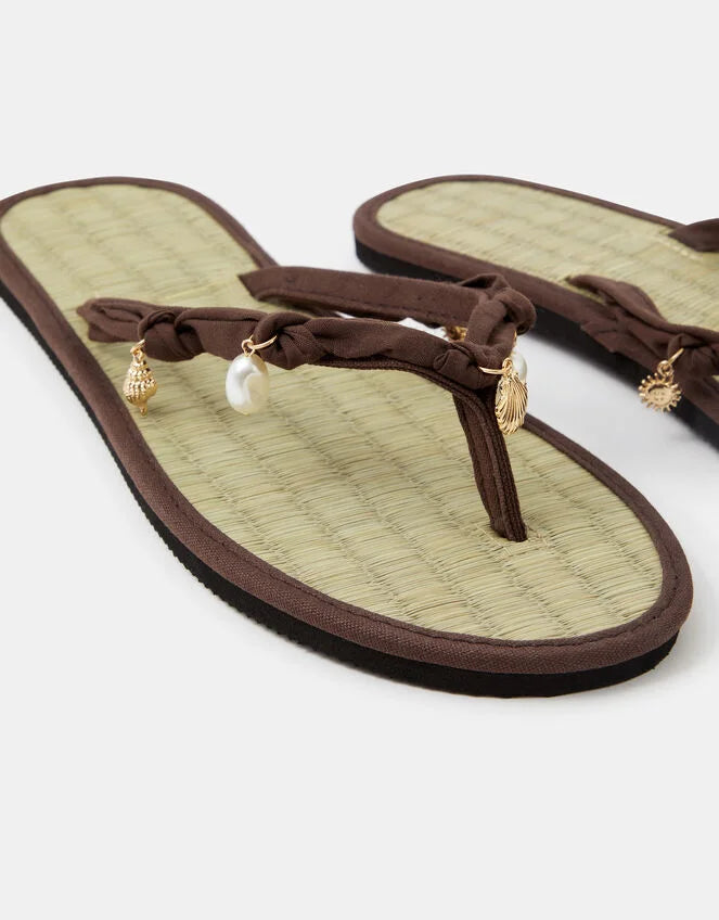 Shell Charm Seagrass Flip Flops Brown