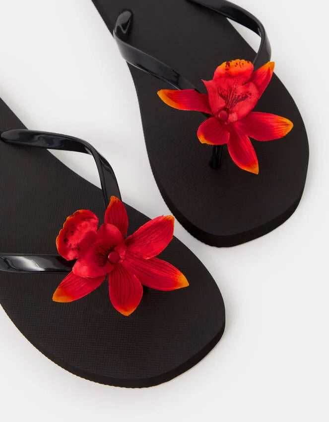 Tropical Flower Flip Flops Black