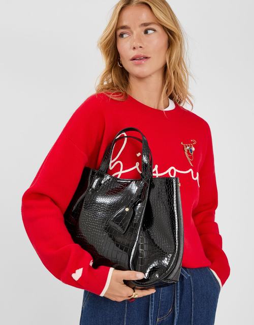 Faux Croc Skin Patent Tote Bag Black