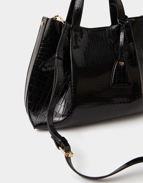 Faux Croc Skin Patent Tote Bag Black