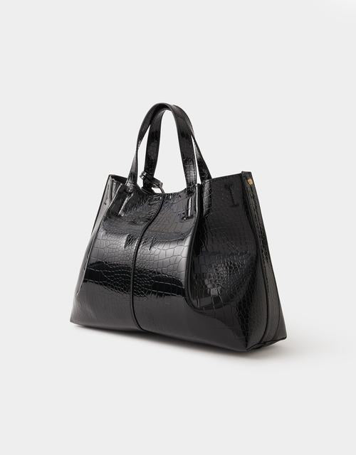Faux Croc Skin Patent Tote Bag Black