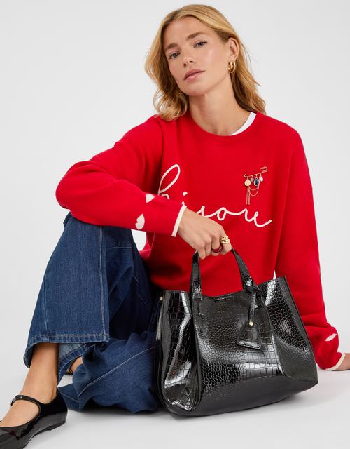 Faux Croc Skin Patent Tote Bag Black