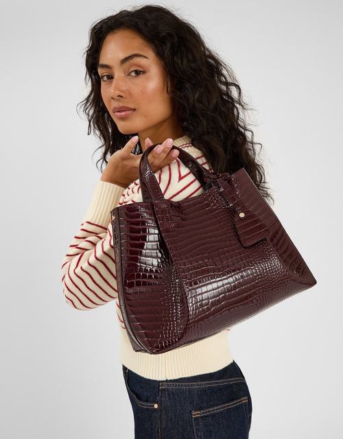 Faux Croc Skin Patent Tote Bag Black