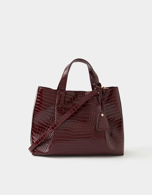 Faux Croc Skin Patent Tote Bag Black