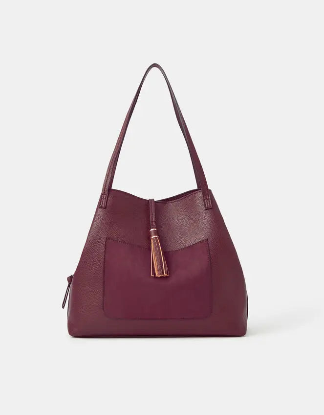 SUEDETTE POCKET TASSEL SHOULDER BAG - BURGUNDY