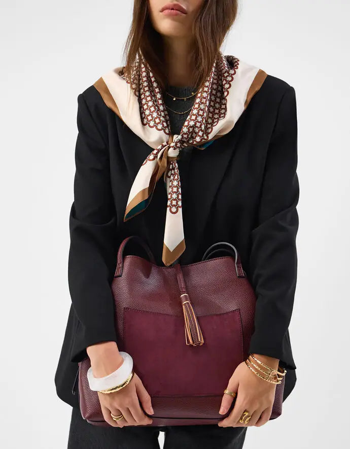 SUEDETTE POCKET TASSEL SHOULDER BAG - BURGUNDY