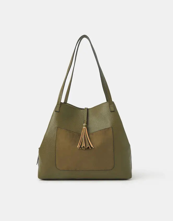 SUEDETTE POCKET TASSEL SHOULDER BAG - OLIVE