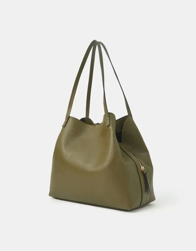 SUEDETTE POCKET TASSEL SHOULDER BAG - OLIVE