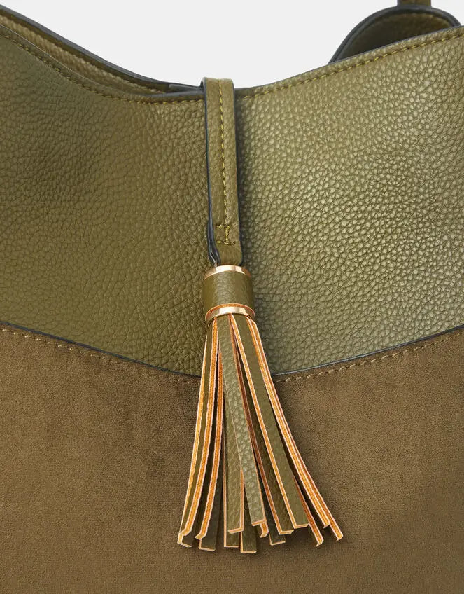 SUEDETTE POCKET TASSEL SHOULDER BAG - OLIVE