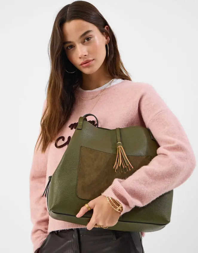 SUEDETTE POCKET TASSEL SHOULDER BAG - OLIVE