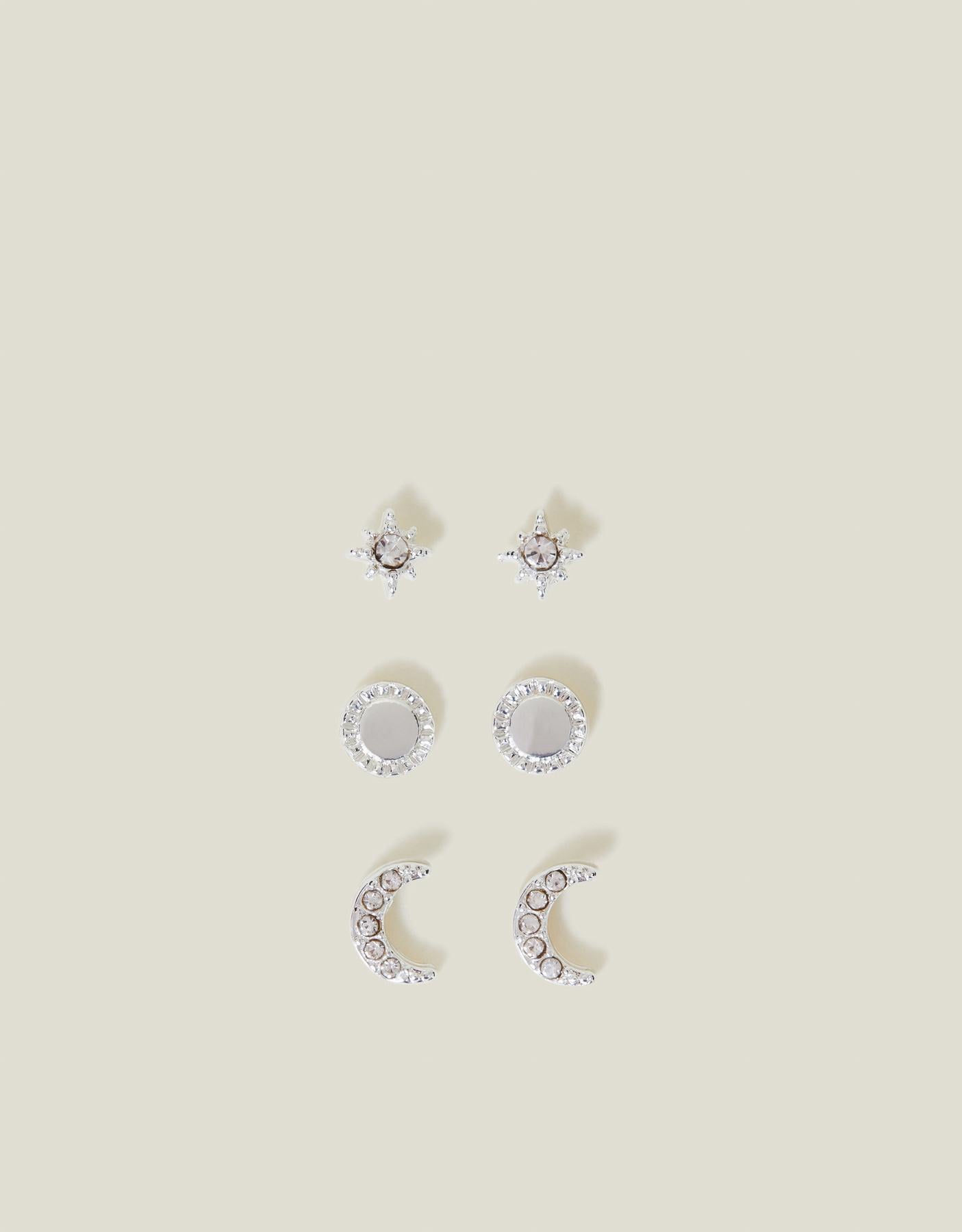 3-Pack Pave Moon Stud Earrings