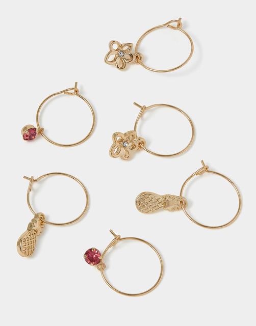 3-Pack Pineapple Gem Charm Hoop Earrings