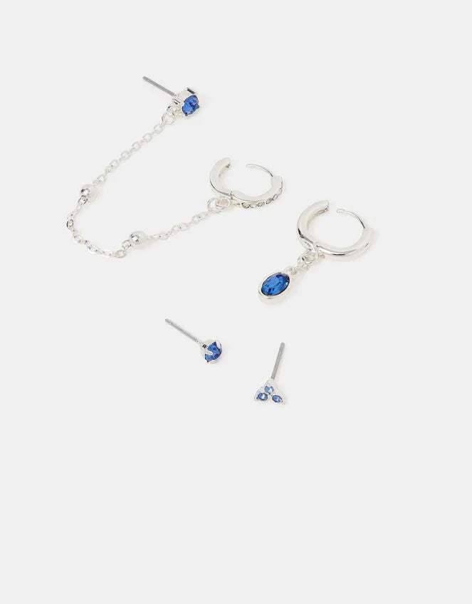 4-Pack Stone Stud & Chain Hoop Earrings Blue