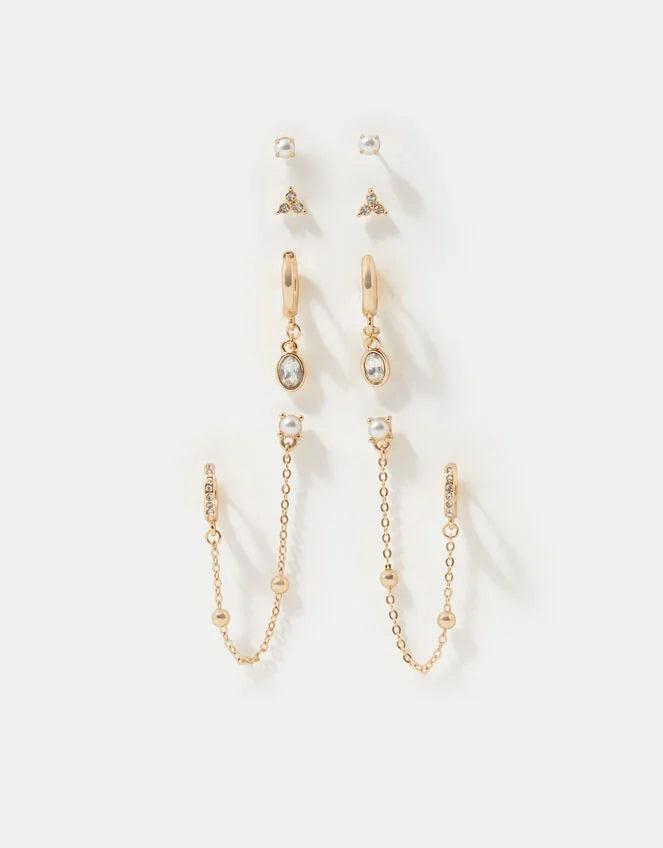 4-Pack Stone Stud & Chain Hoop Earrings Gold