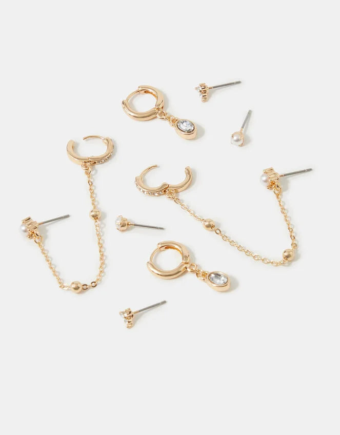 4-Pack Stone Stud & Chain Hoop Earrings Gold
